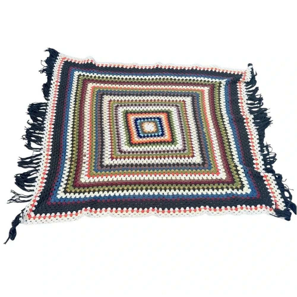 Vintage Handmade Crochet Granny Square Afghan Throw Blanket Multicolor 46x46